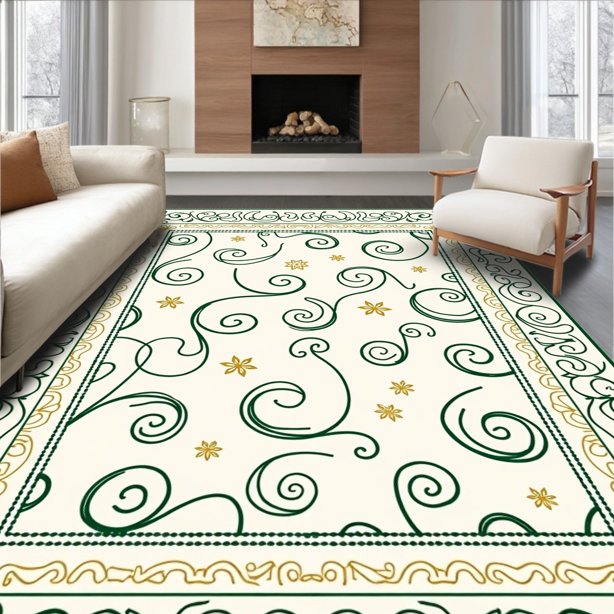 Green Gold Swirl Floral Border Cream Rug