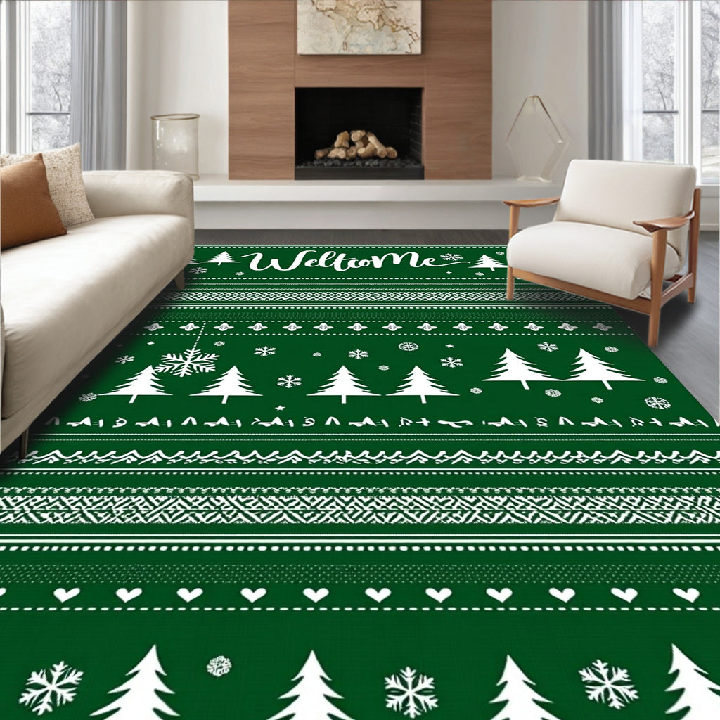 Green White Winter Tree Snowflake Rug
