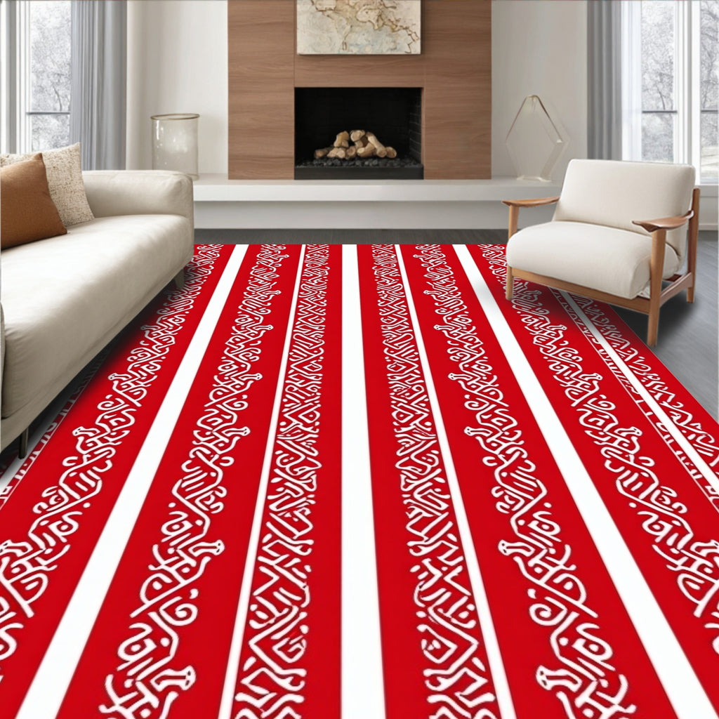 Vertical Red White Interlocking Straps Rug