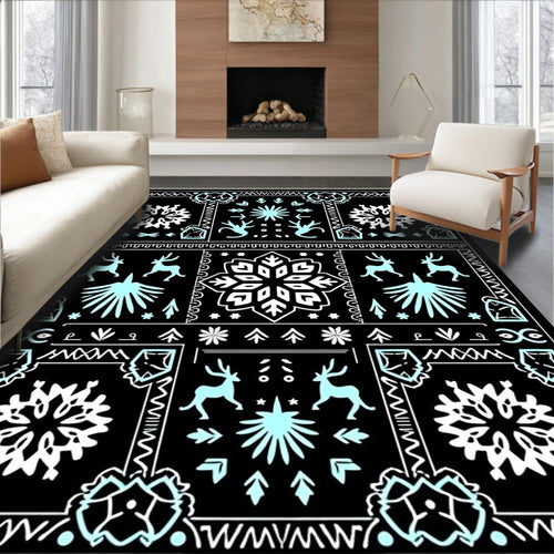 Black Aqua Winter Wildlife Snowflake Motif Rug