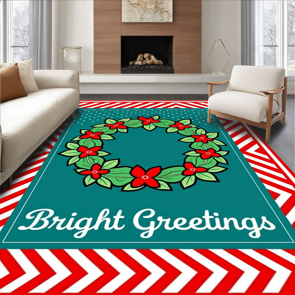 Red White Chevron Green Wreath Rug
