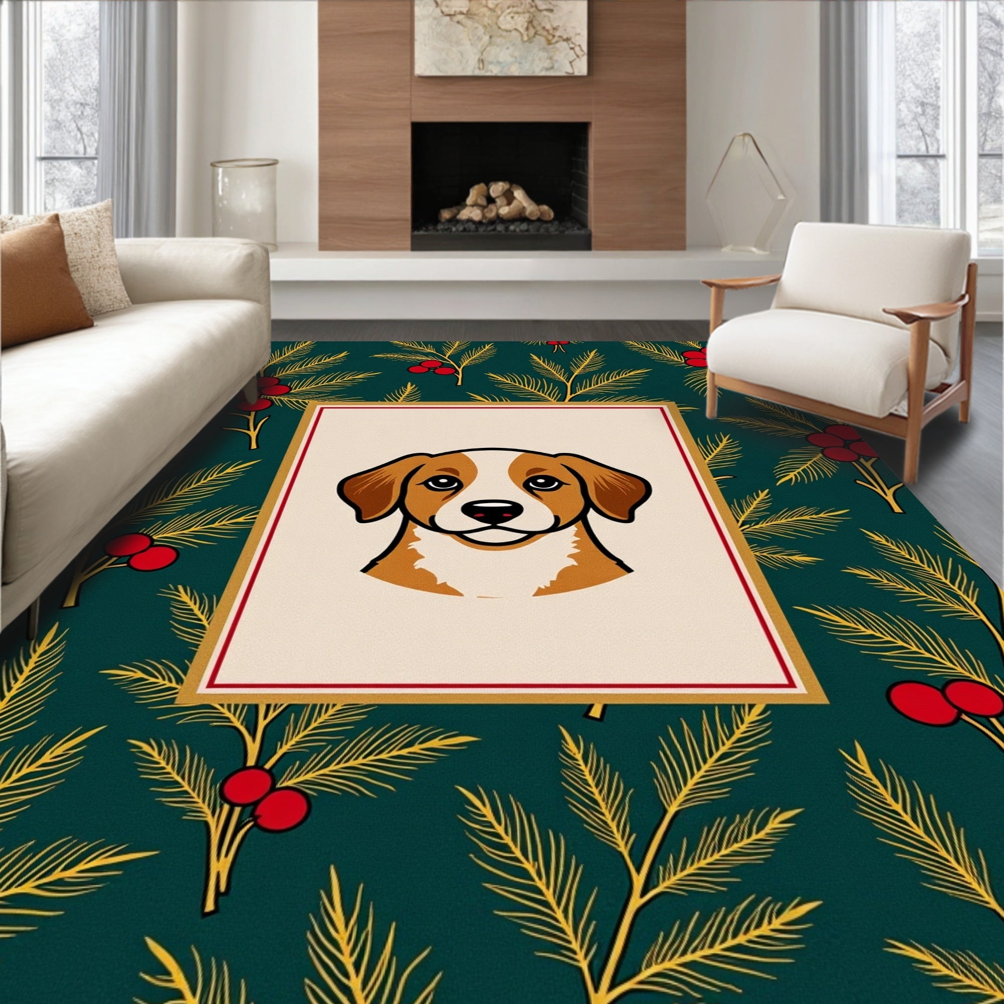 Whimsical Dog Holly Berry Fern Rug