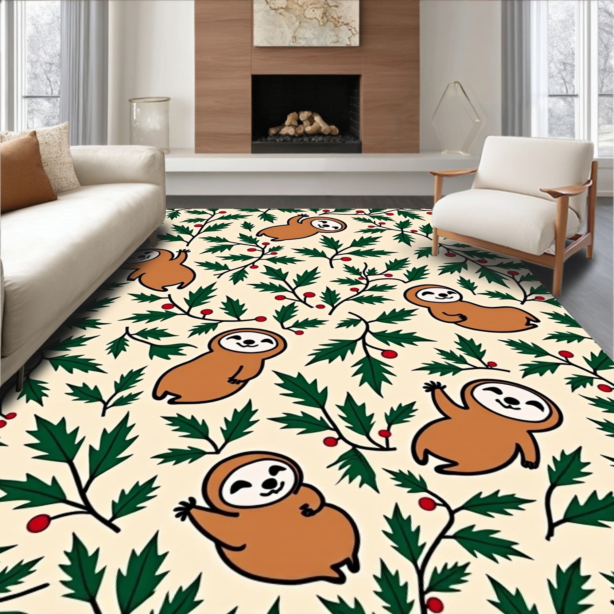 Cute Sloth Holly Berry Background Rug