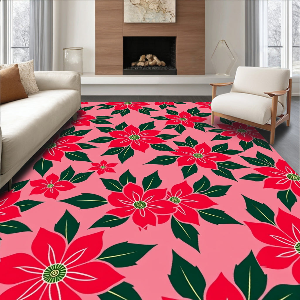 Bold Red Poinsettia Floral Background Rug