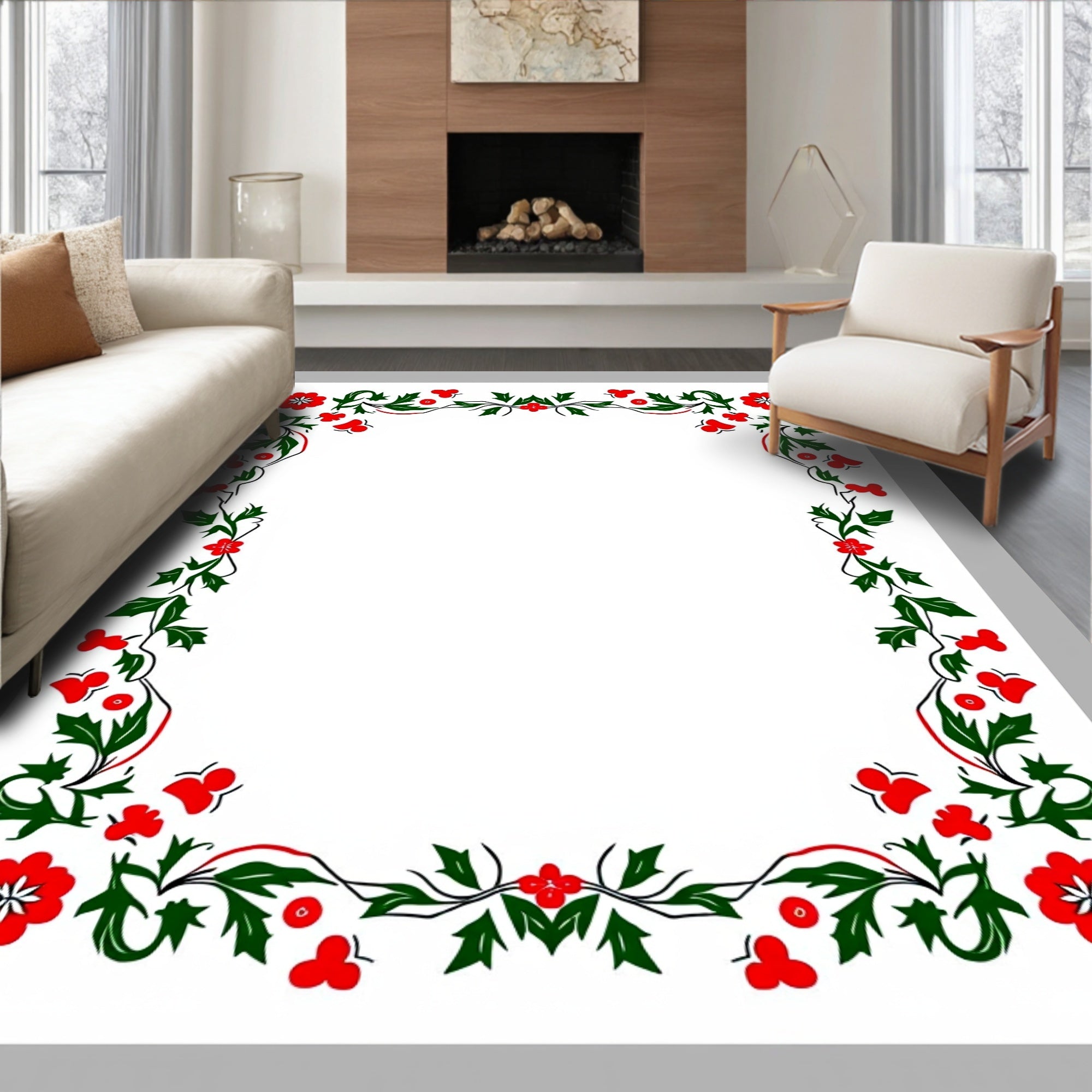 Crimson Floral Green Vine Frame Rug