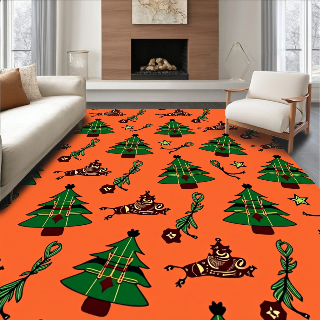 Whimsical Green Christmas Trees Orange Rug