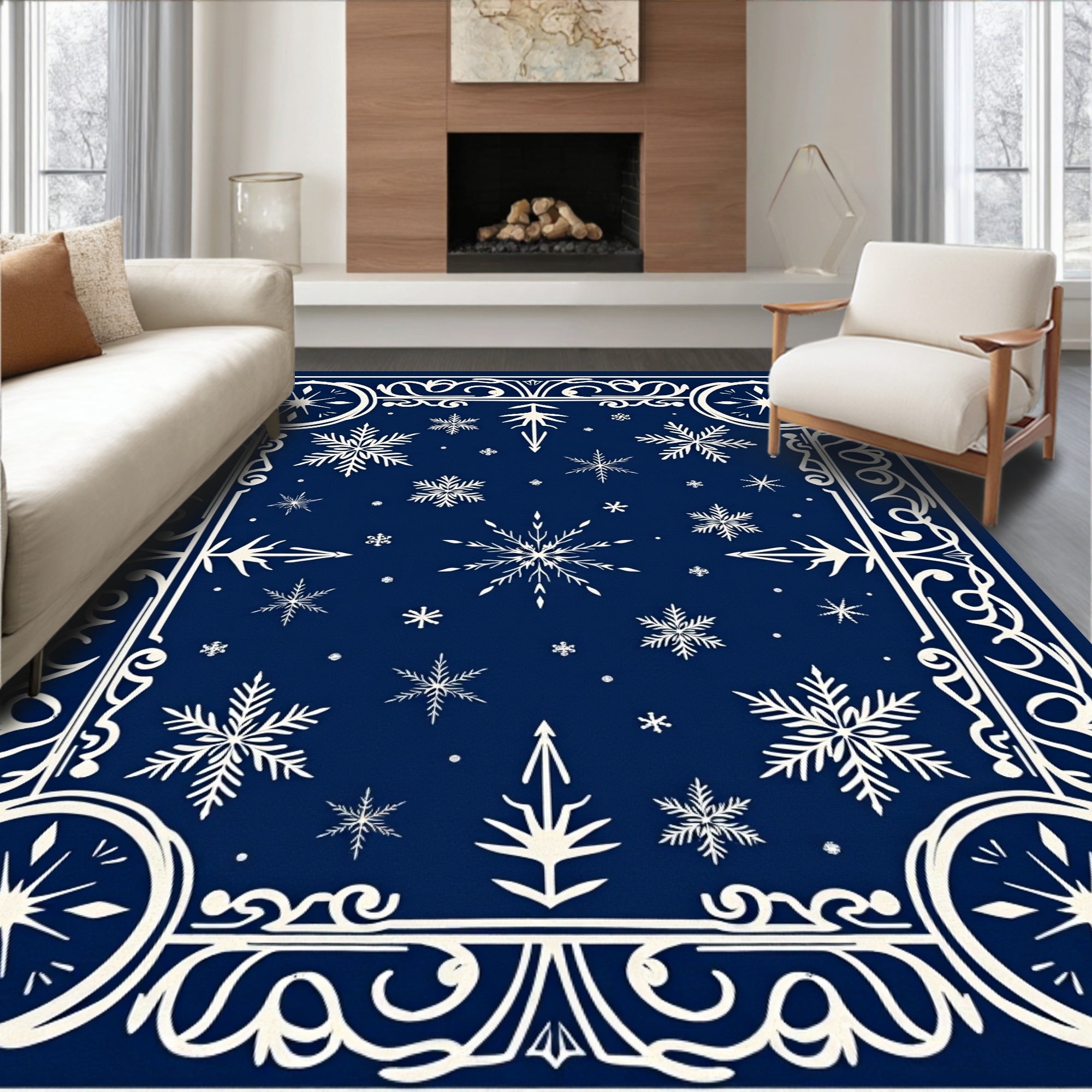 Deep Blue Snowflake Winter Scroll Rug