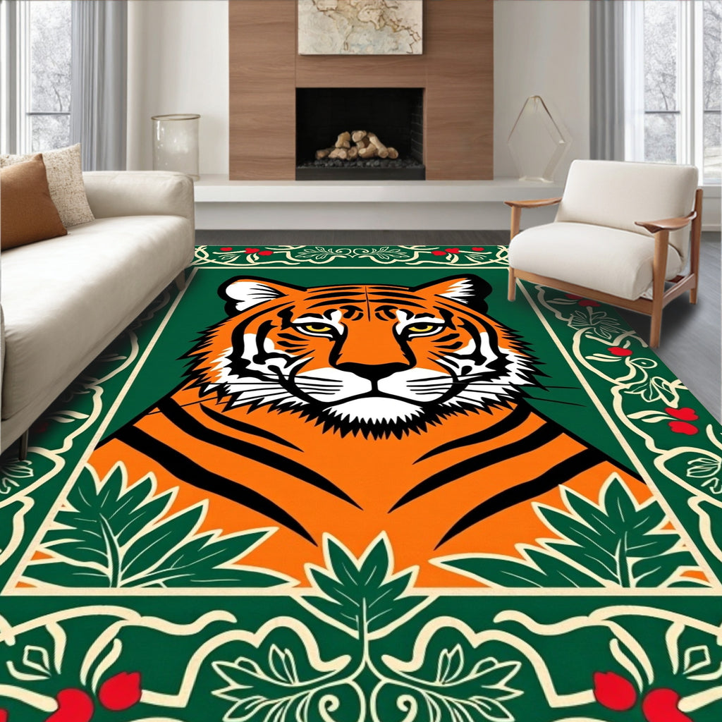 Bold Tiger Portrait With Floral Border Rug