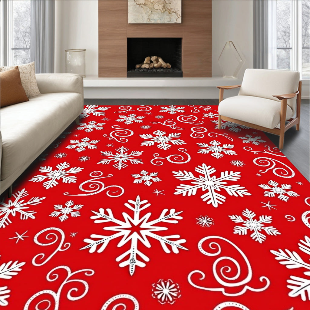 White Snowflake Scroll Red Background Rug
