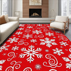 White Snowflake Scroll Red Background Rug