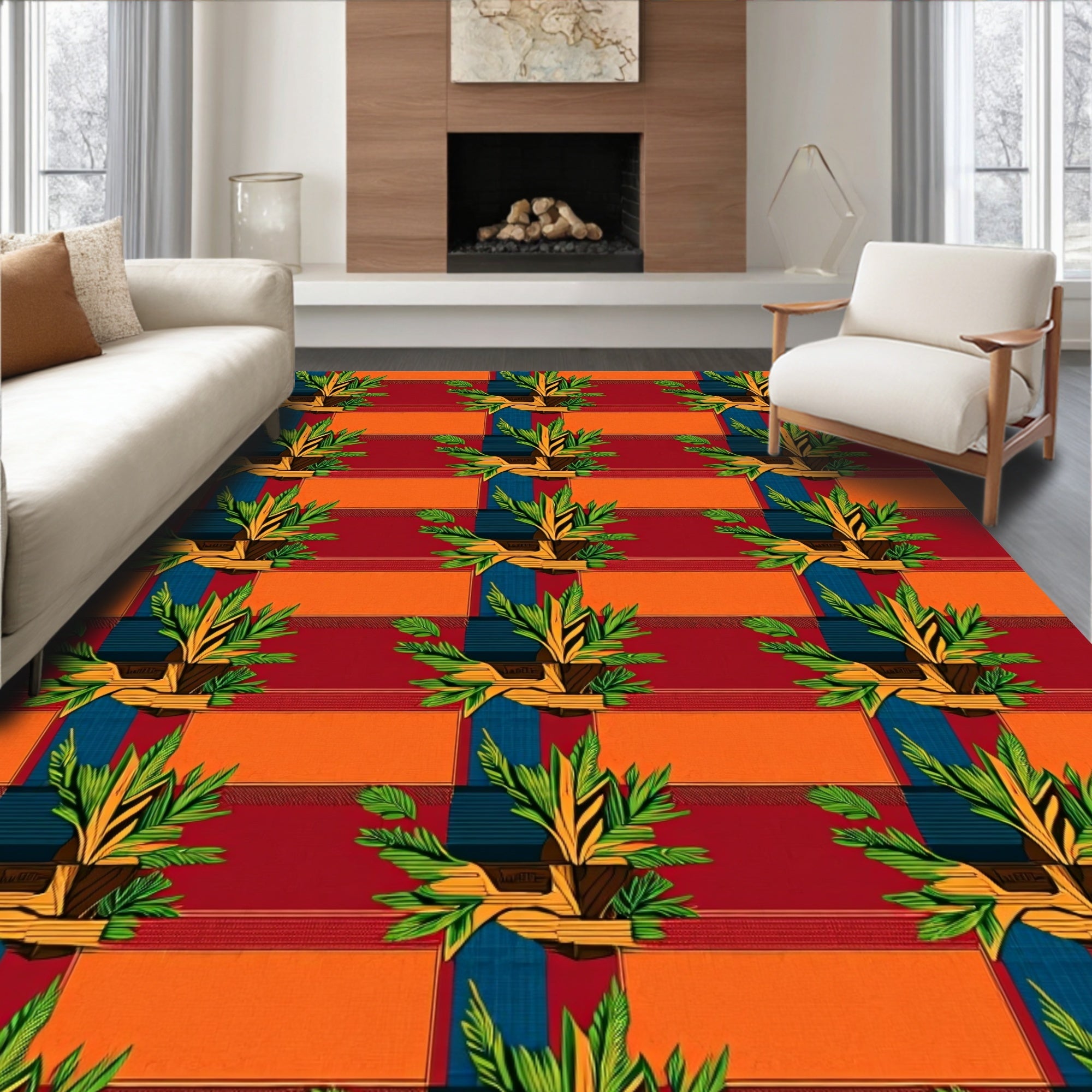 Vibrant Tropical Plant Horizontal Stripe Rug
