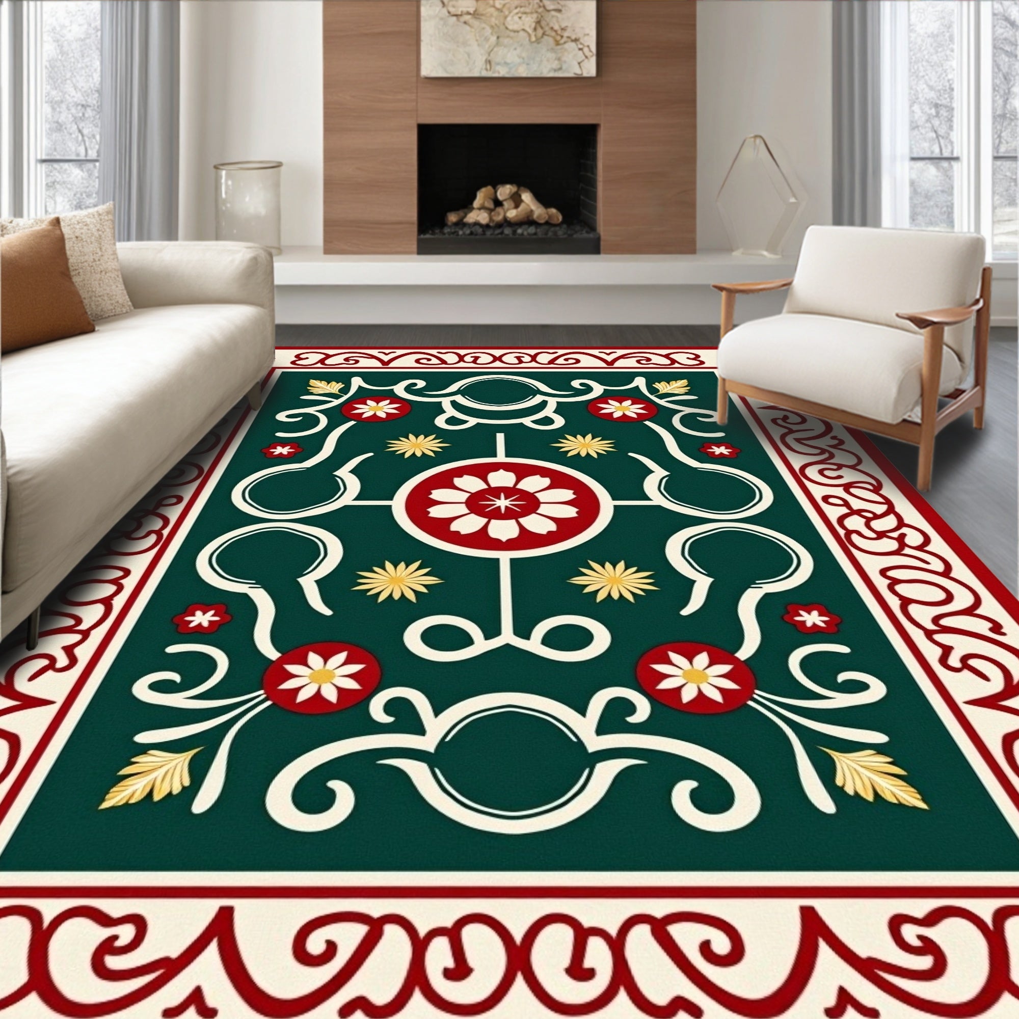 Deep Emerald Red Floral Lattice Rug