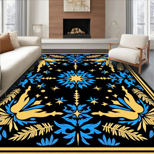 Black Blue Yellow Floral Symmetry Rug