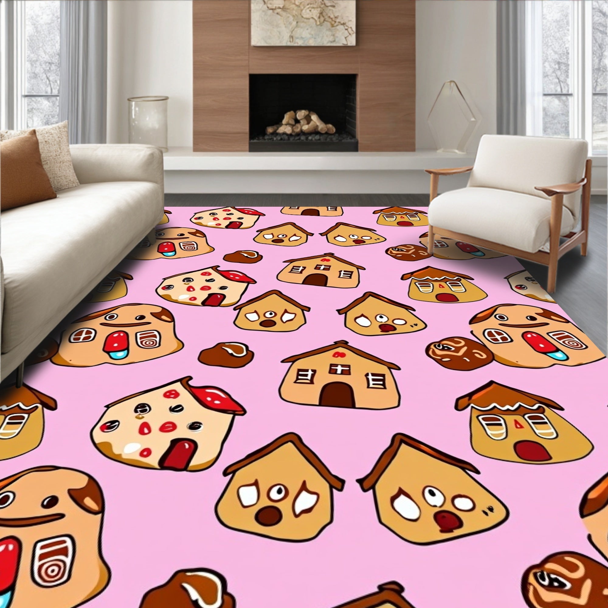 Whimsical Gingerbread Houses Pink Background Rug