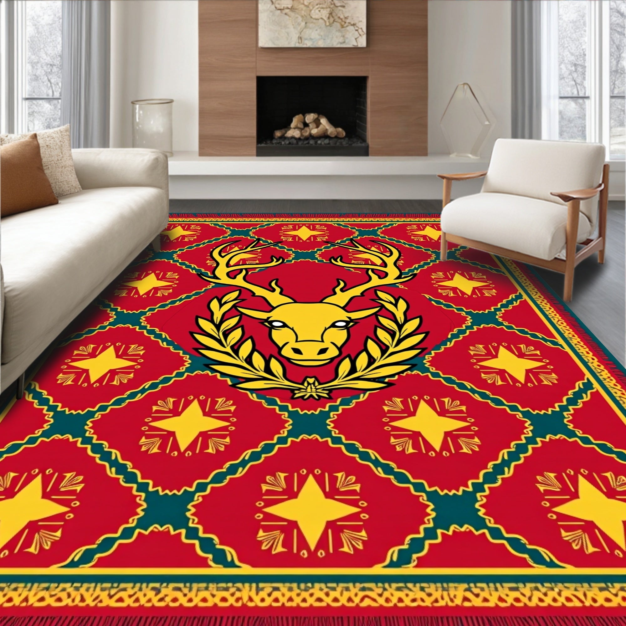 Majestic Yellow Stag Teal Diamond Rug