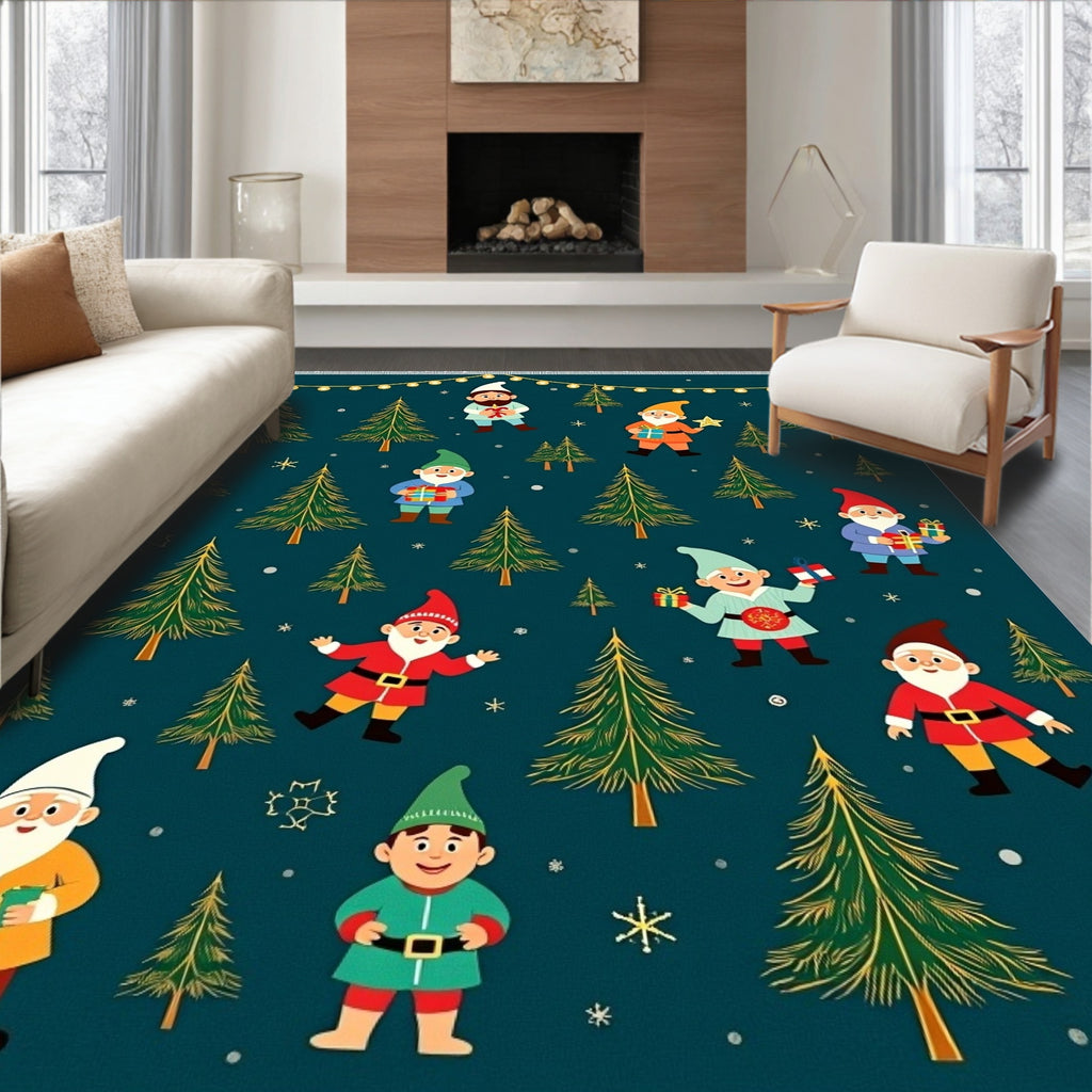 Festive Garden Gnomes Christmas Trees Teal Rug