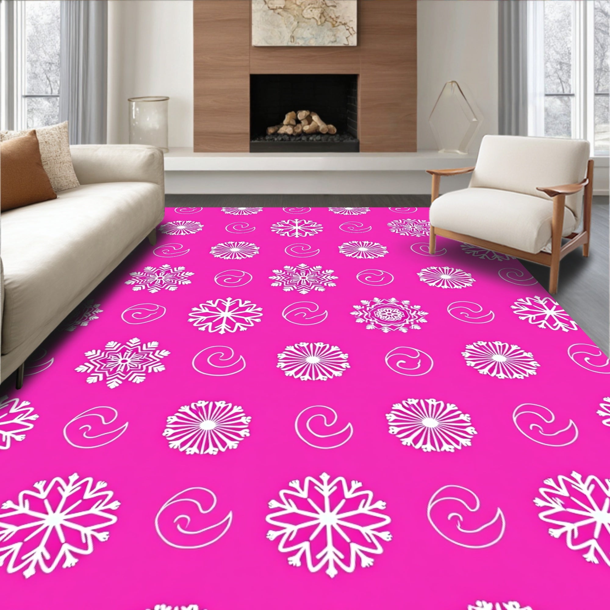 White Snowflake Swirl Pink Field Rug