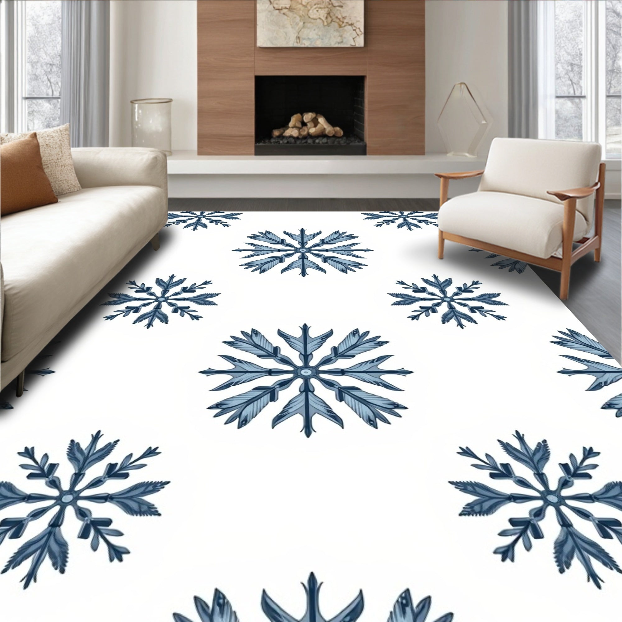 Navy blue snowflake medallion repeat Rug