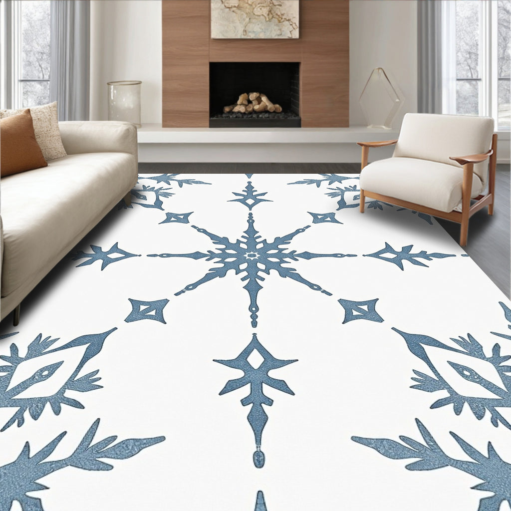 Frosty Blue Snowflake Mandala Rug