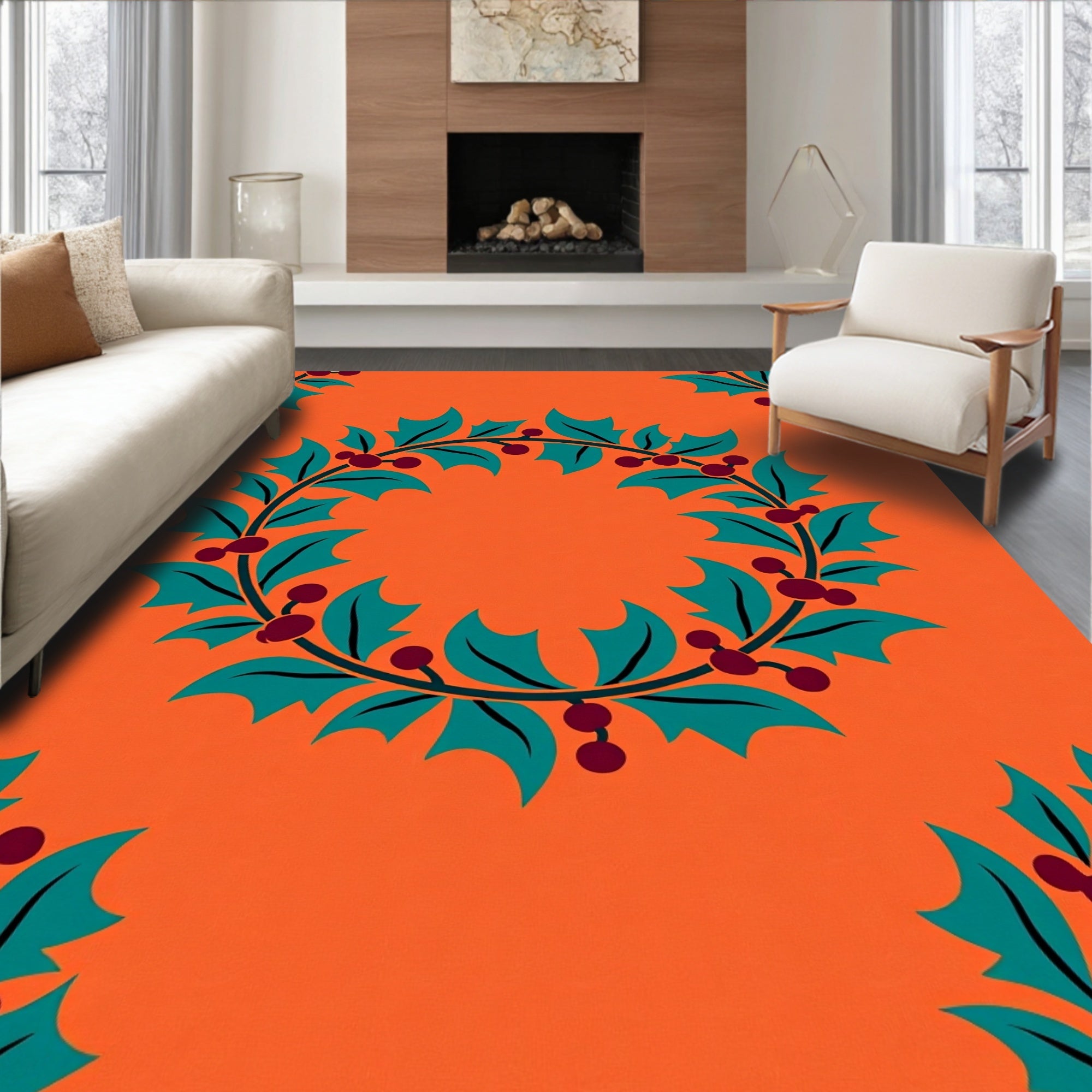 Bold Teal Holly Berry Wreath Orange Rug