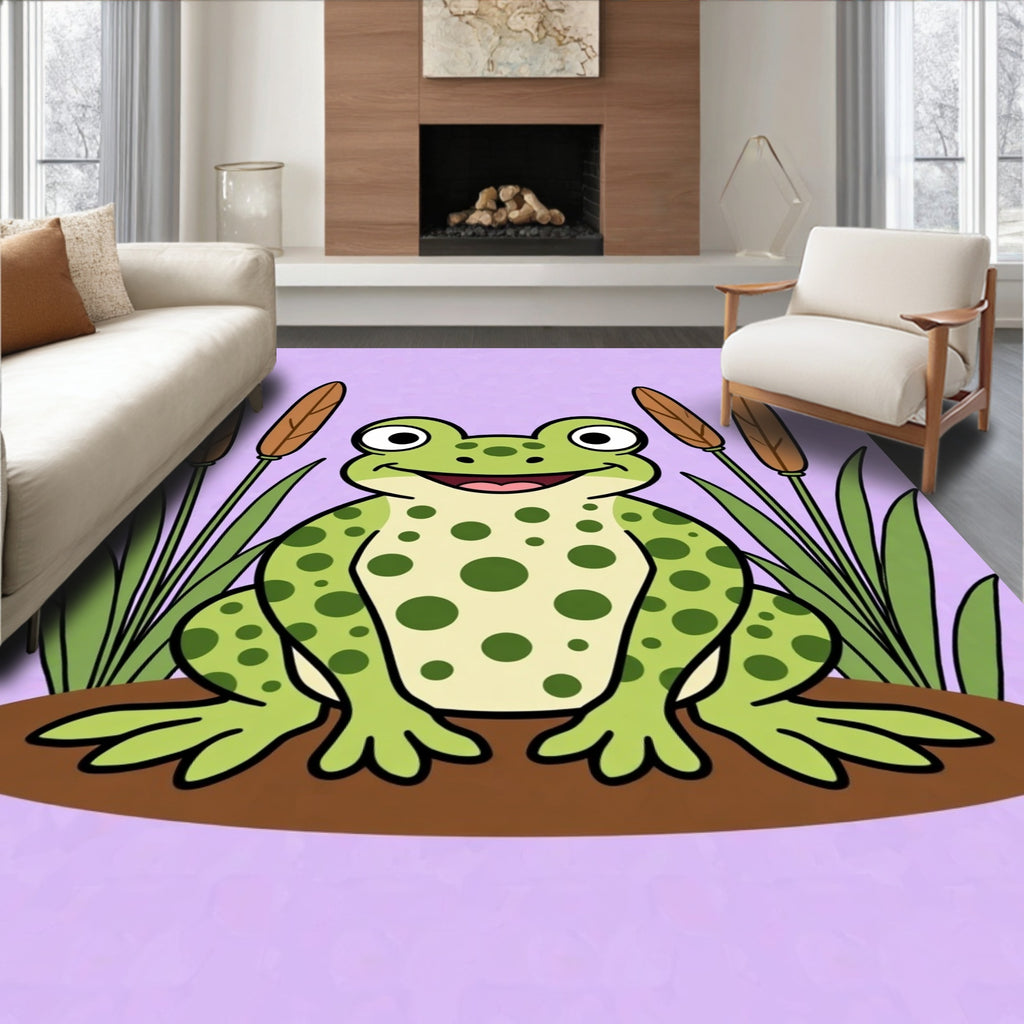 Friendly Green Spotted Frog Cattails Field Rug