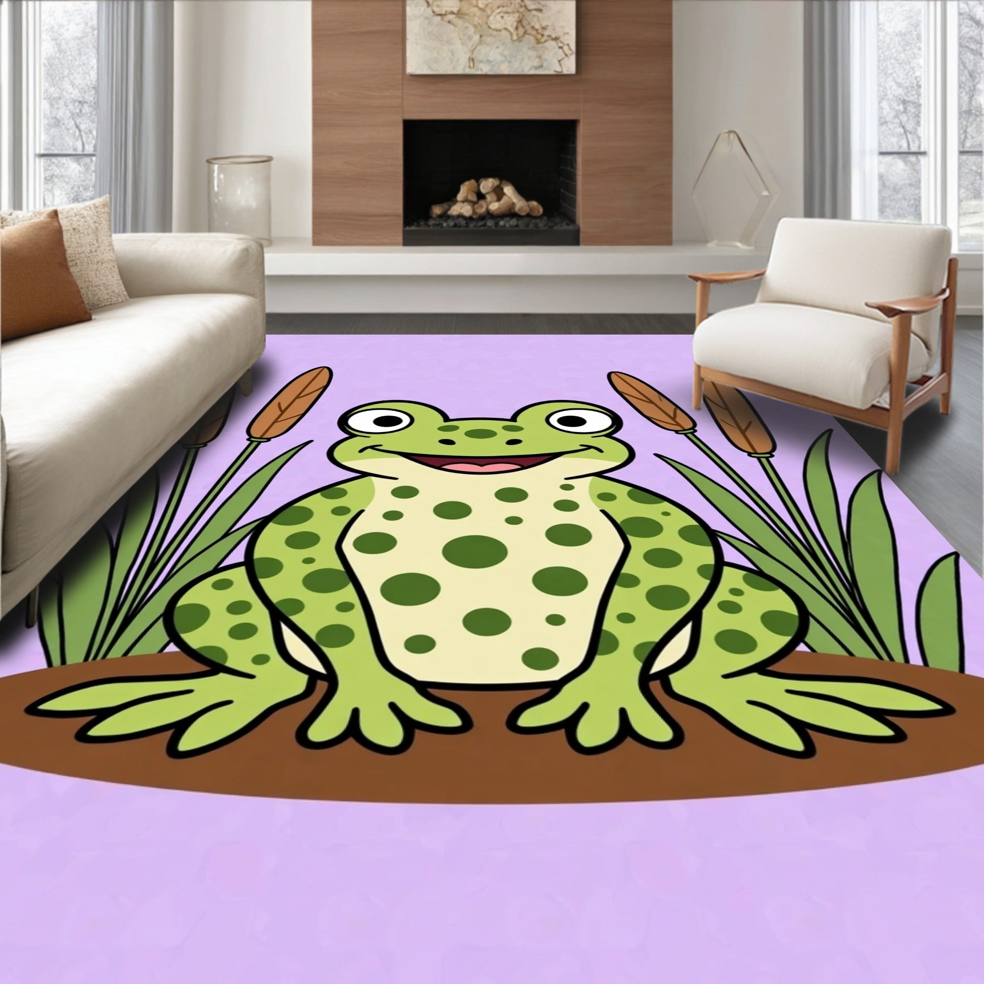 Friendly Green Spotted Frog Cattails Field Rug
