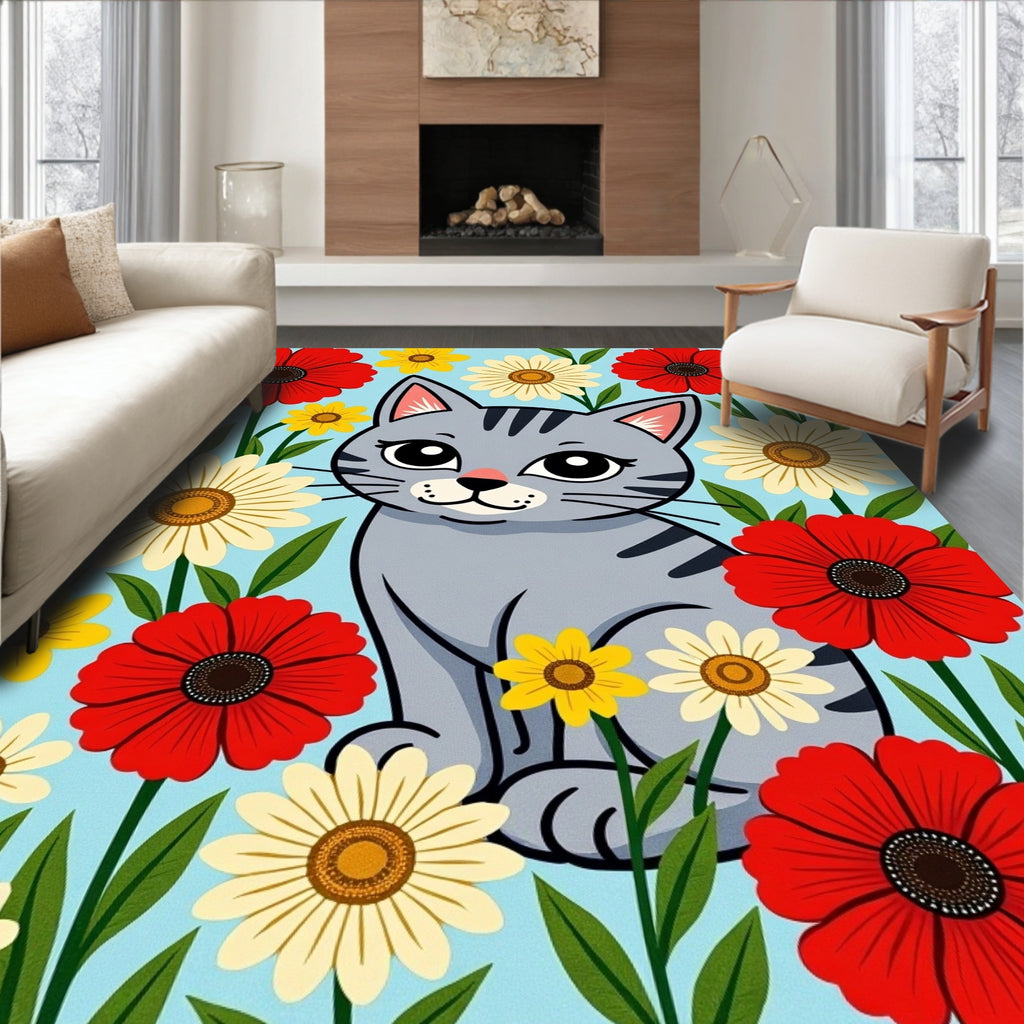 Gray Cat Among Red Yellow Flowers Rug