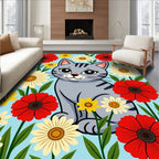 Gray Cat Among Red Yellow Flowers Rug