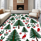 Forest Green Christmas Trees Red Birds Rug