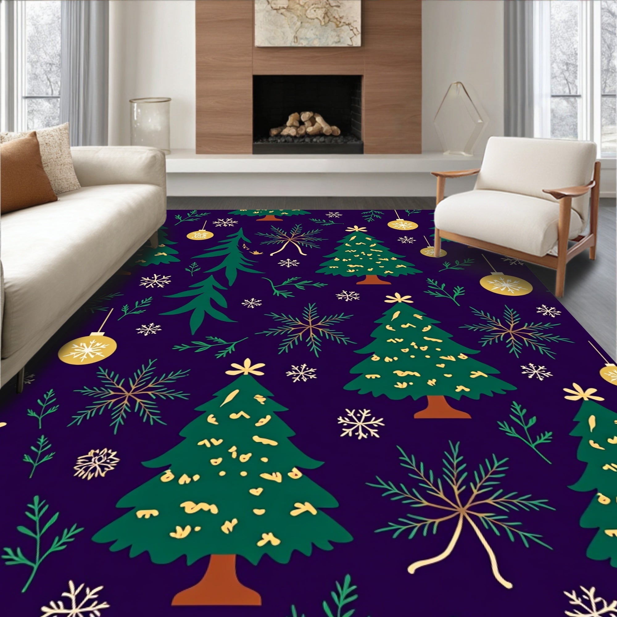 Festive Evergreen Trees Gold Ornaments Rug