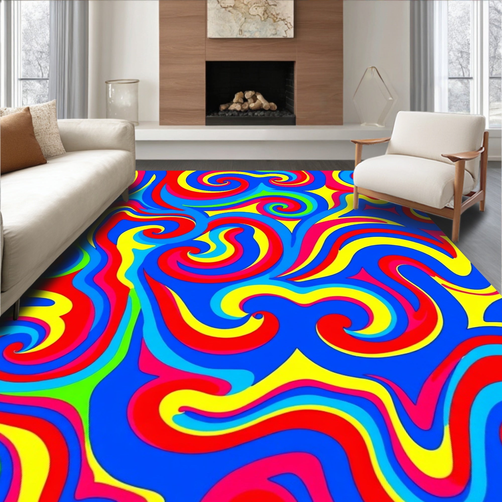 Retro Swirls Red Blue Yellow Green Rug