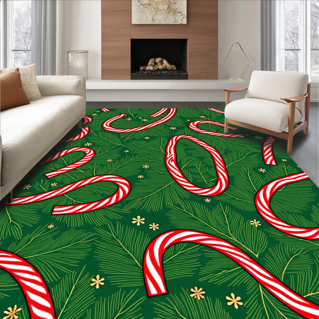 Red White Candy Cane Green Pine Accent Rug