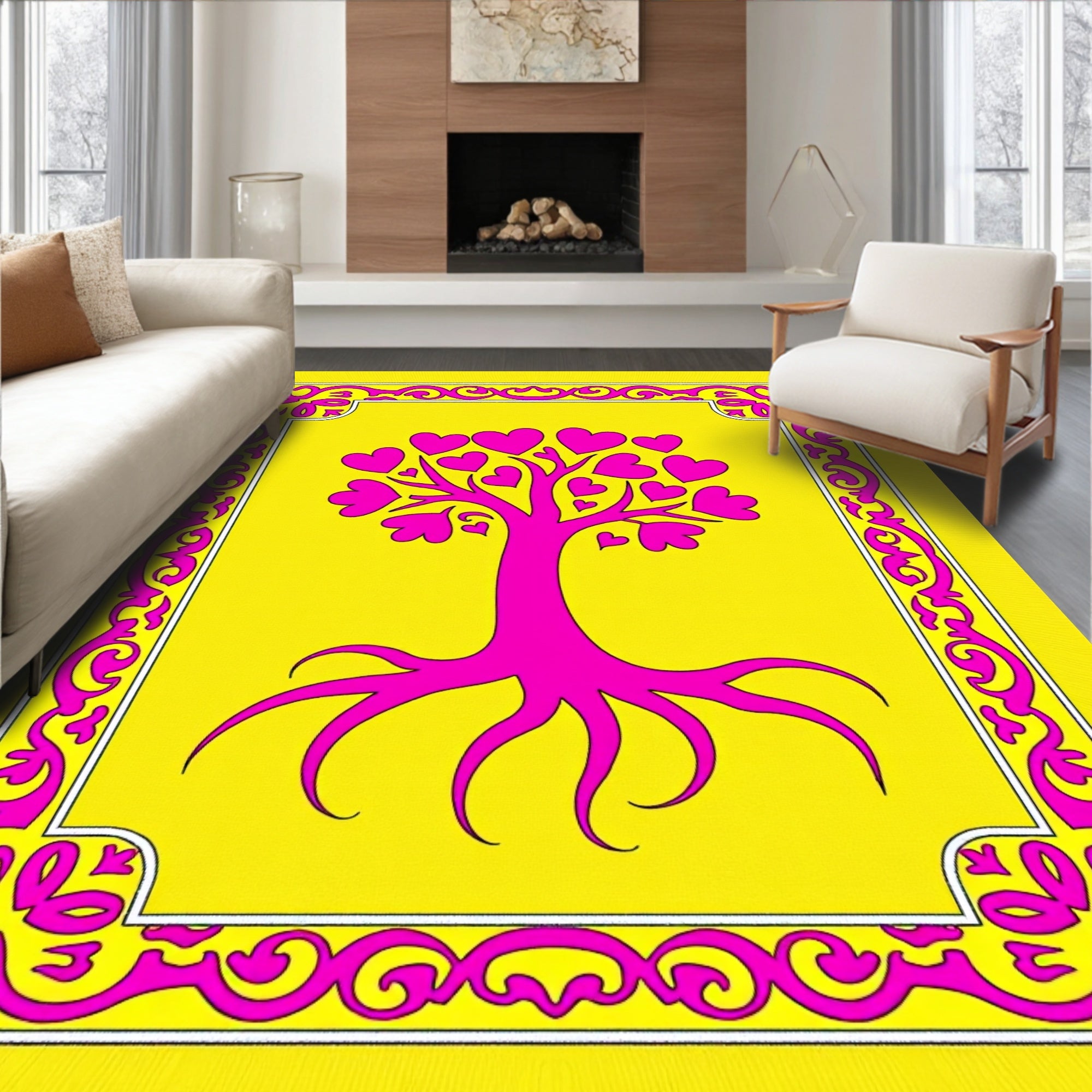 Vibrant Pink Heart Tree Yellow Border Rug