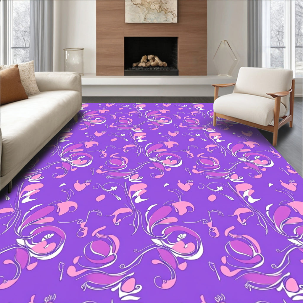 Whimsical Lilac Pink Heart Floral Scroll Rug
