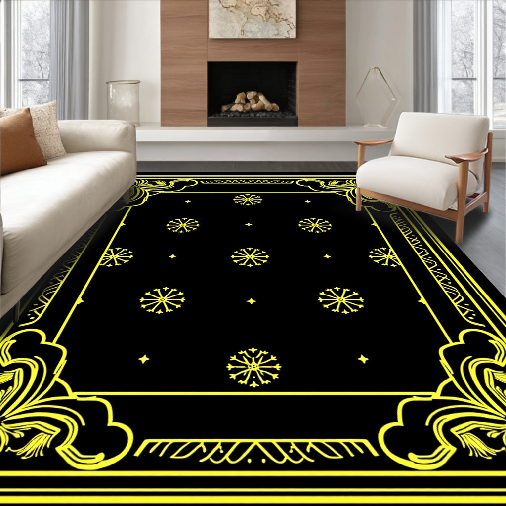 Bold Yellow Floral Medallion Black Rug