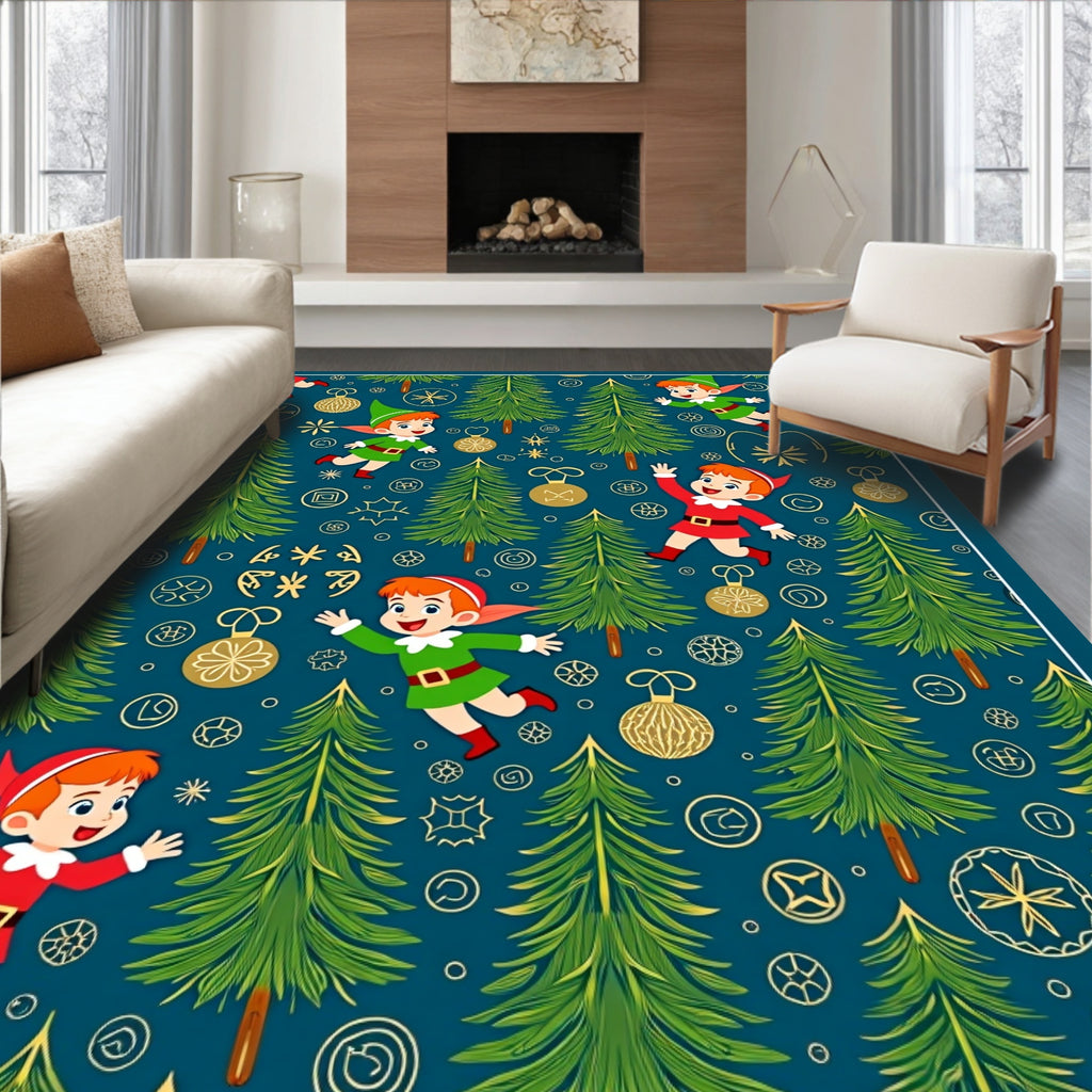 Whimsical Christmas Elf Forest Ornaments Rug