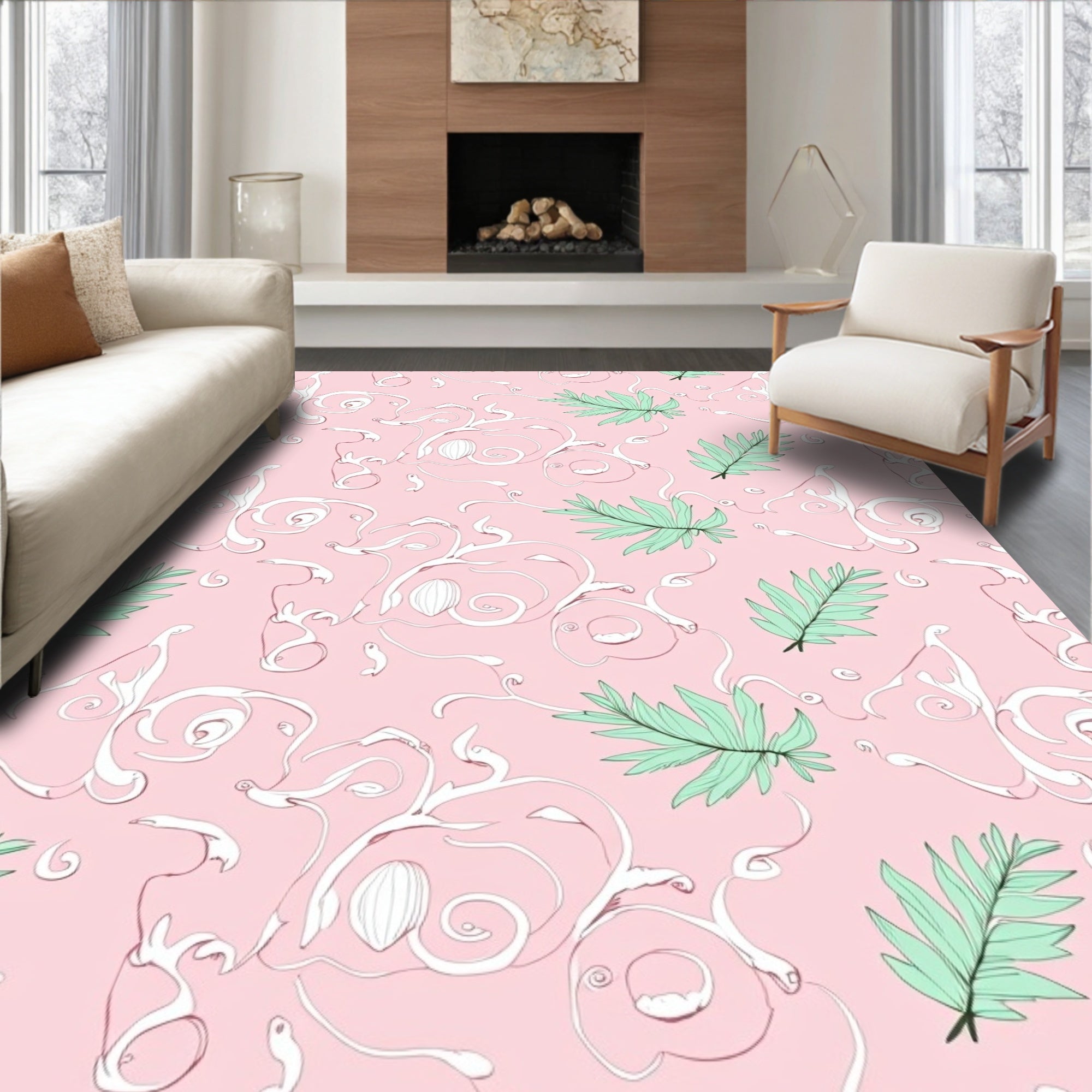 Pink Floral Scroll Leaf Rug