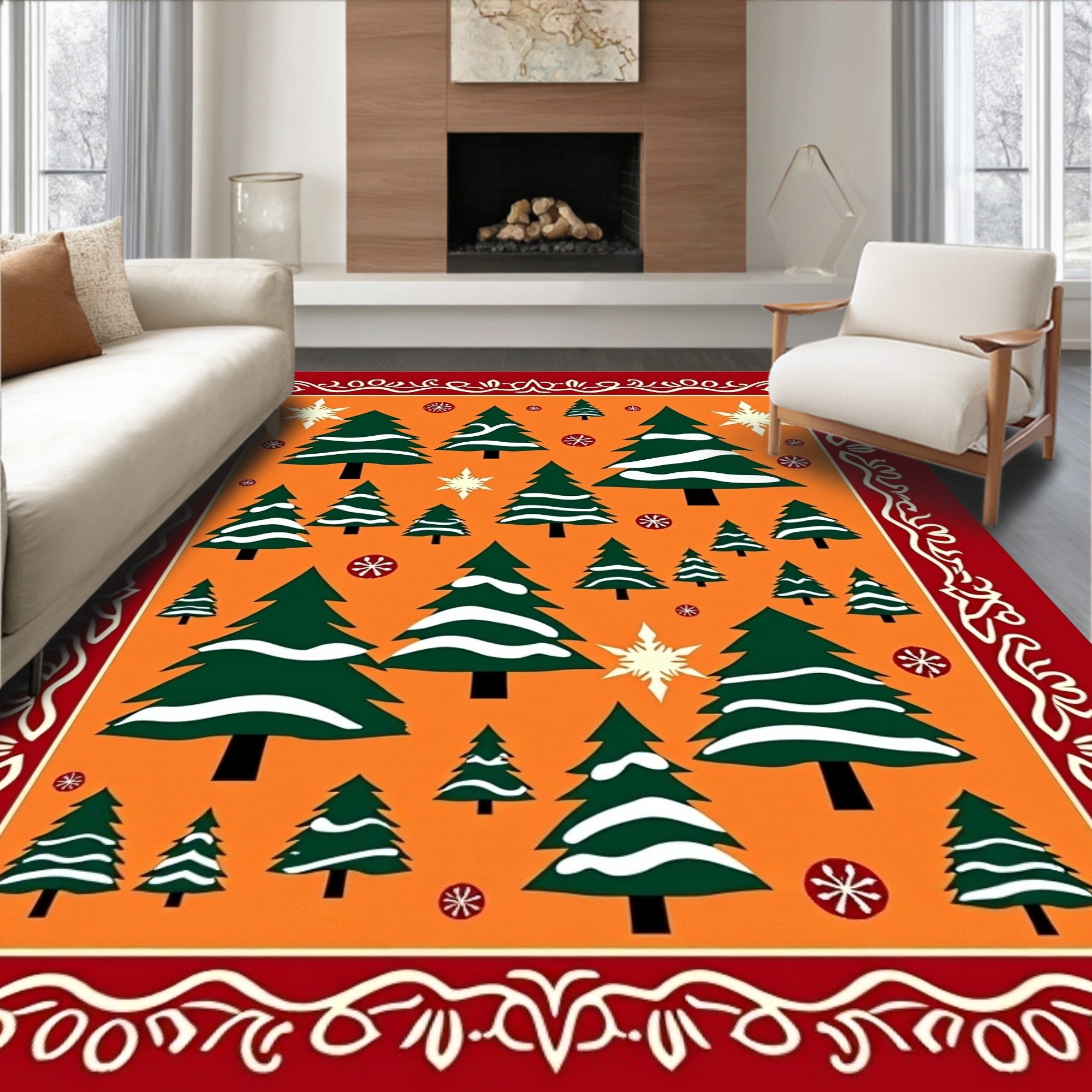 Crimson Snowfall Evergreen Forest Rug