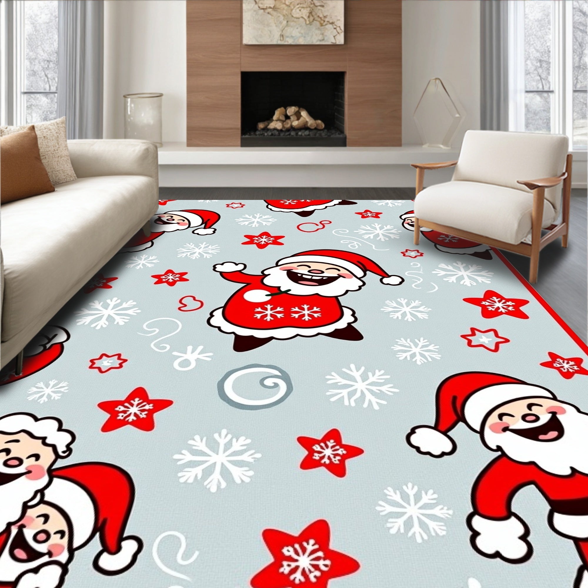 Festive Red Santa Claus Snowflakes Rug