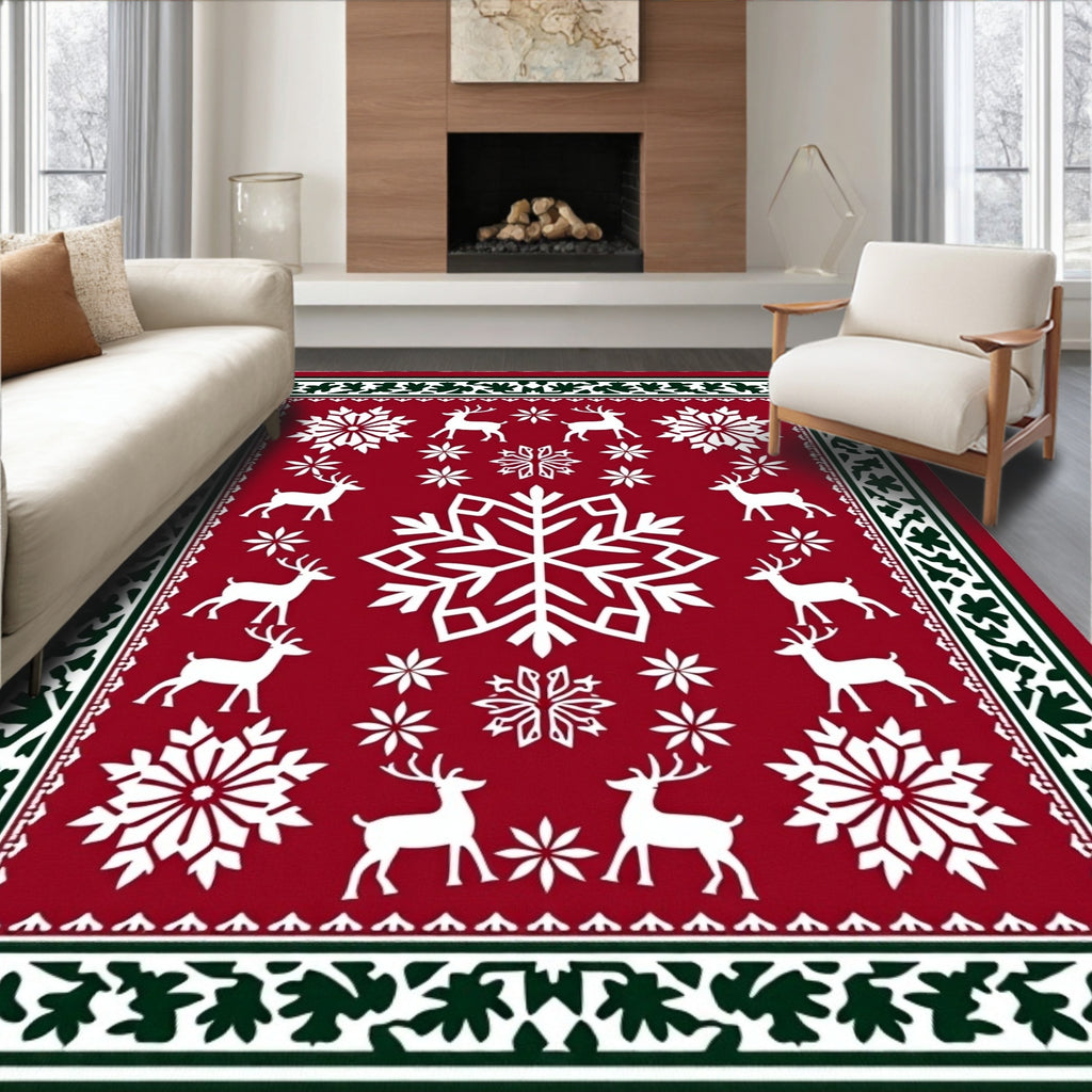 Red Yuletide Reindeer Snow Flake Collage Rug