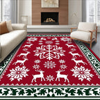 Red Yuletide Reindeer Snow Flake Collage Rug