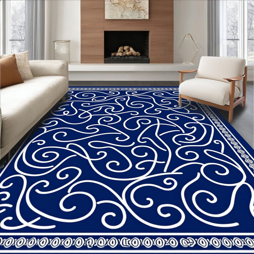 Deep Blue Swirling Vines Bordered Rug