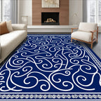 Deep Blue Swirling Vines Bordered Rug