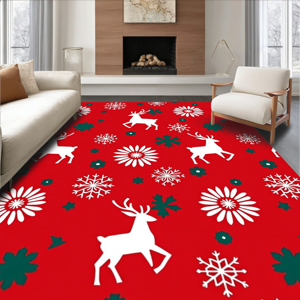White Reindeer Snowflakes Festive Flowers Rug