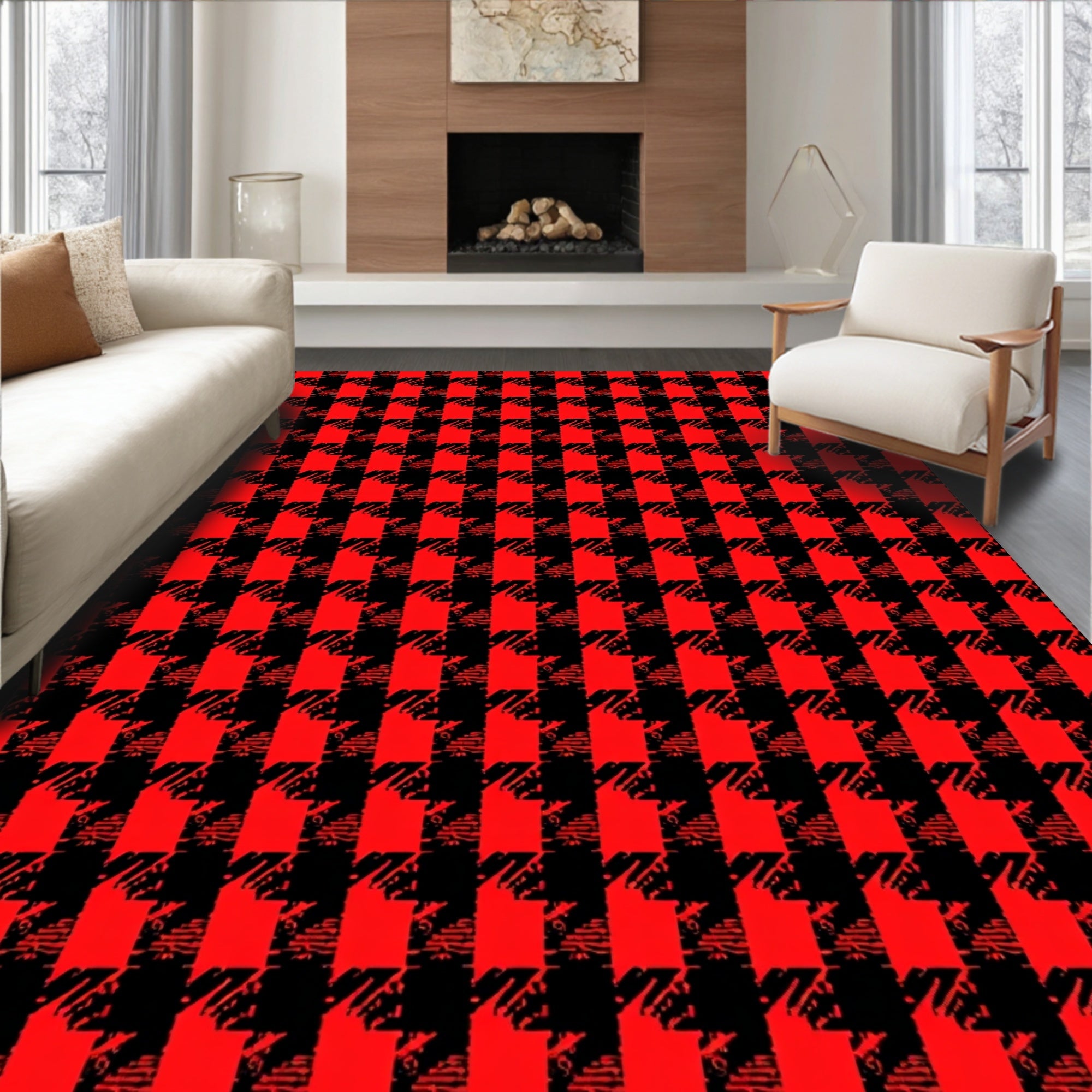 Classic Red Black Houndstooth Weave Rug