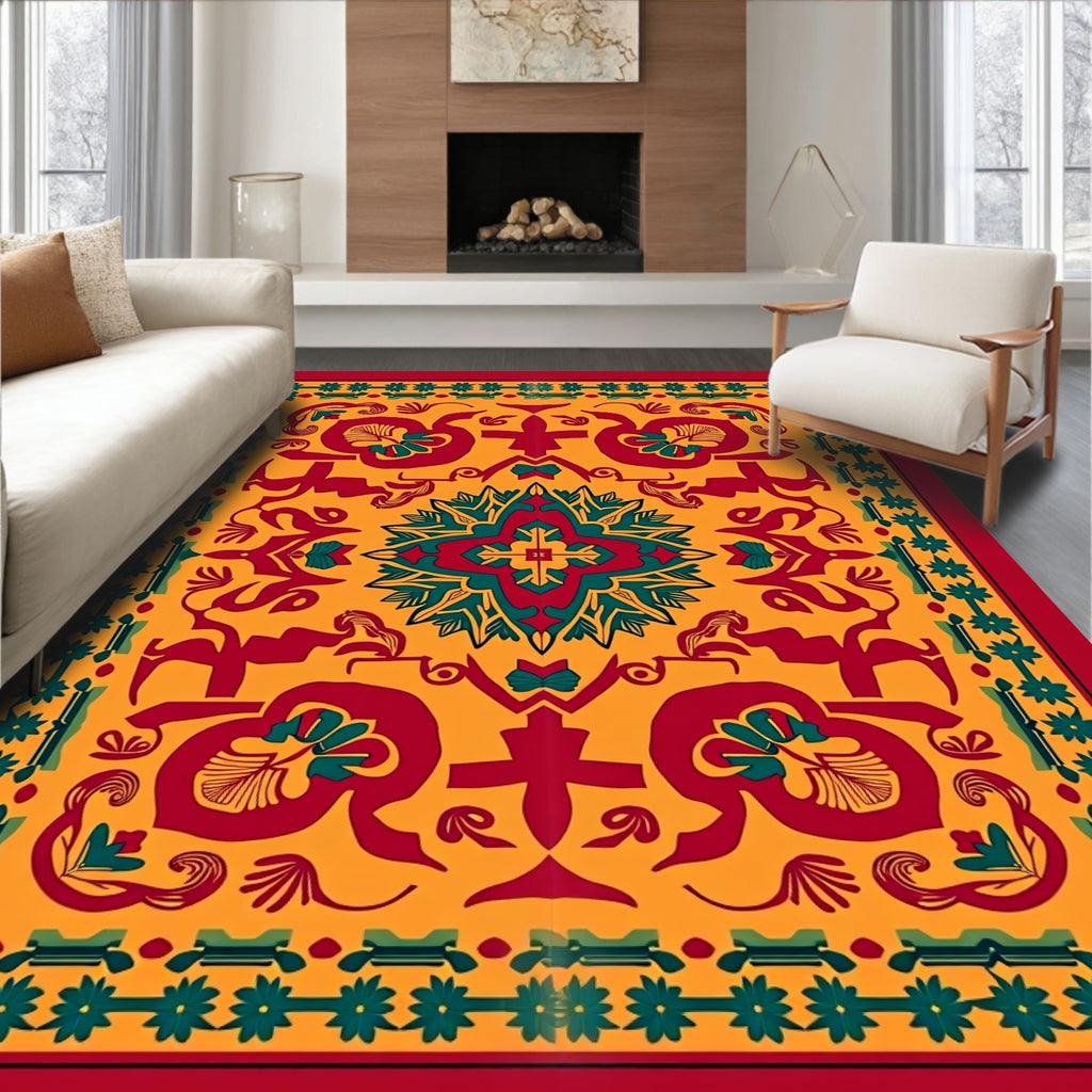 Rich Crimson Teal Medallion Symmetrical Rug