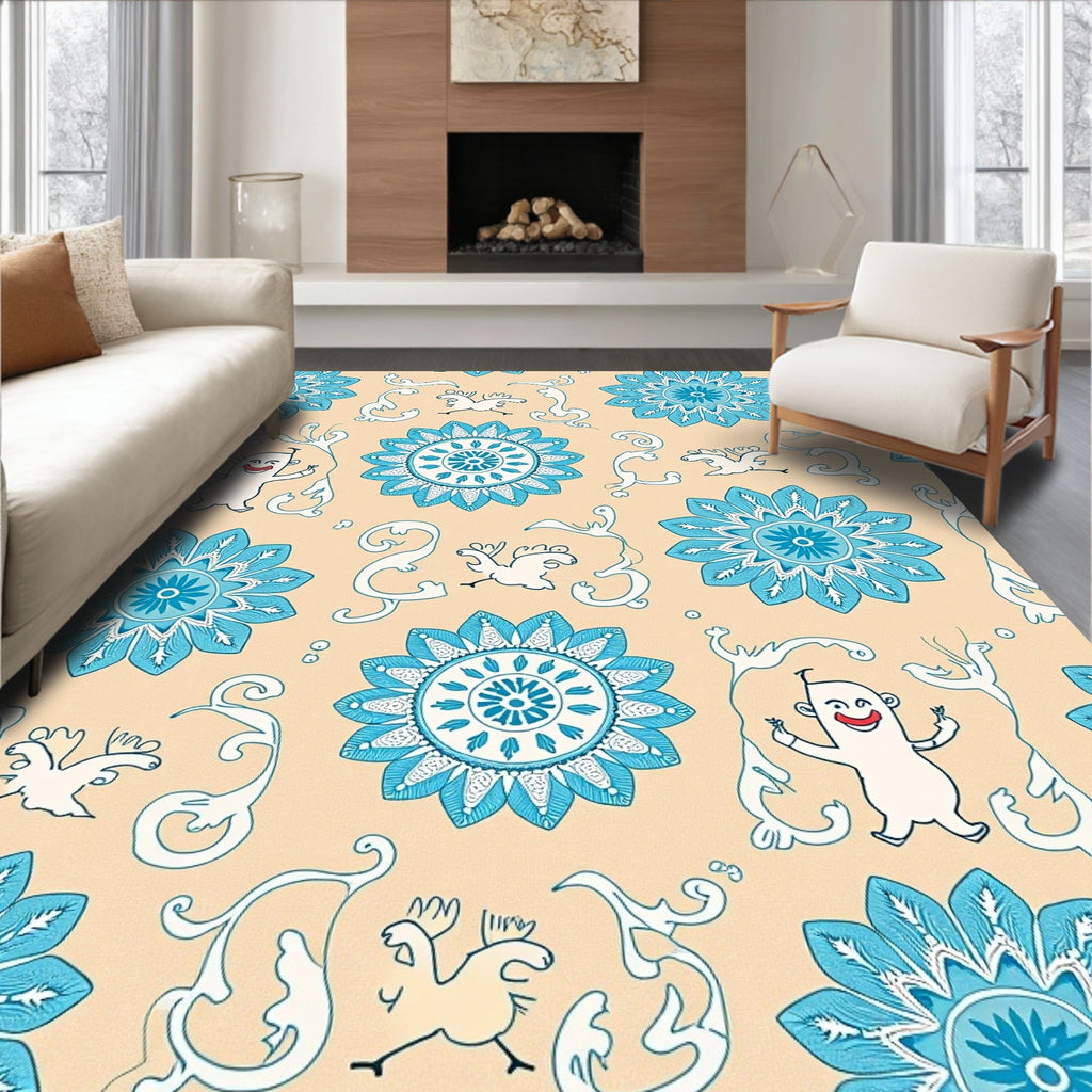 Whimsical Blue Floral And Creature Medallion Rug