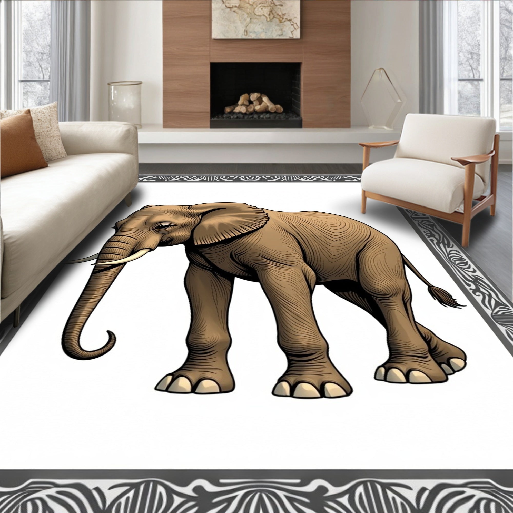 Majestic Brown Elephant Tribal Border Rug