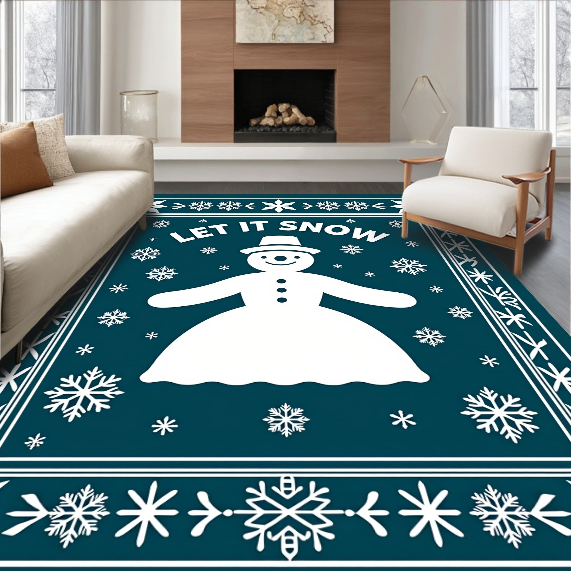 Teal White Snowman Snowflake Border Rug