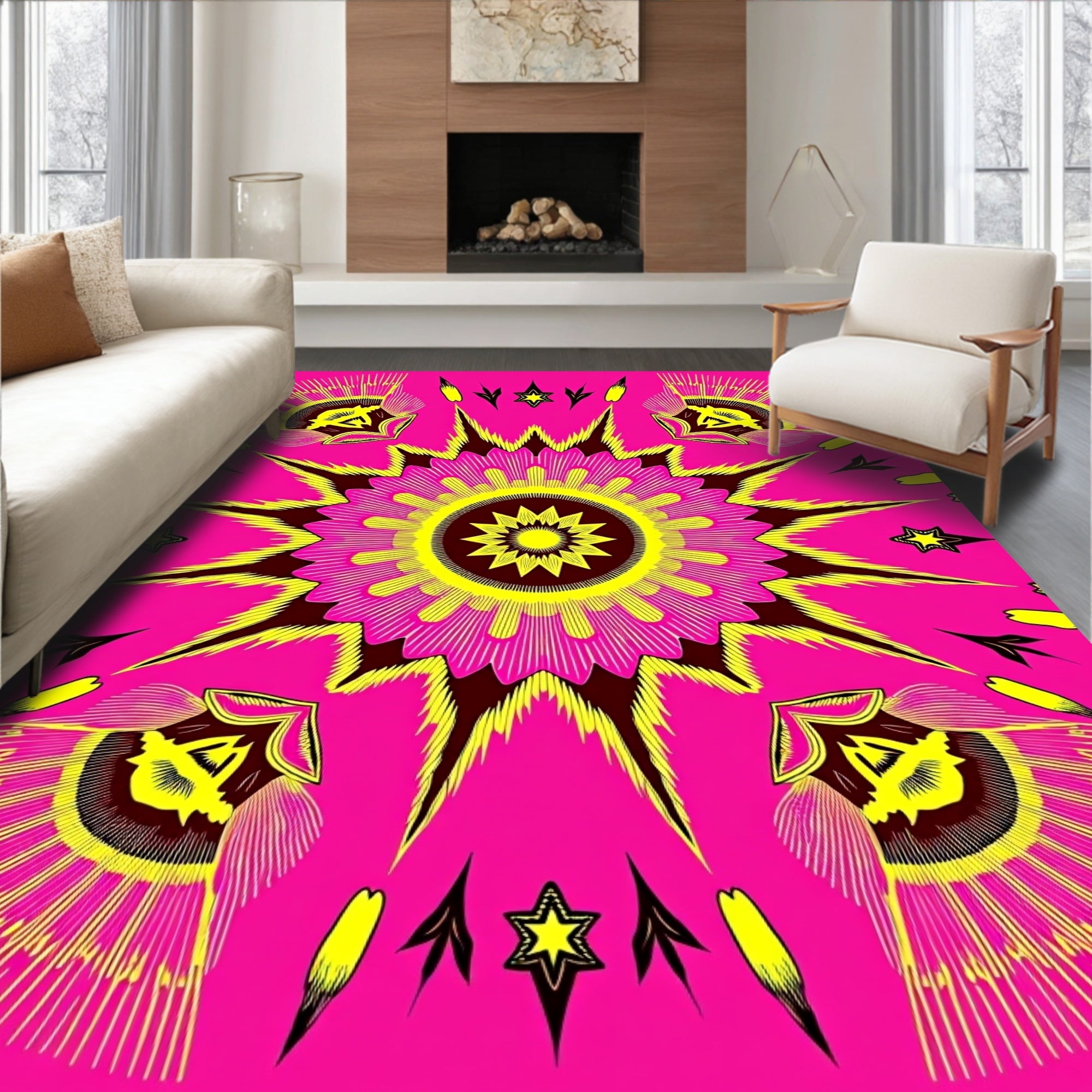 Electric Pink Yellow Sunburst Starburst Rug